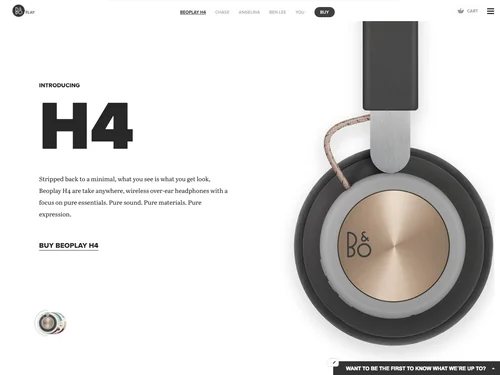 「Beoplay H4 are wireless headphones crafted by pure materials. Pure sound. Pure materials. Pure expression.」のキャプチャ画像
