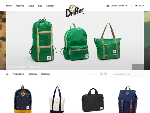 「Drifter Bags - Backpacks, Bags, wallets & Totes - Made in the USA」のキャプチャ画像