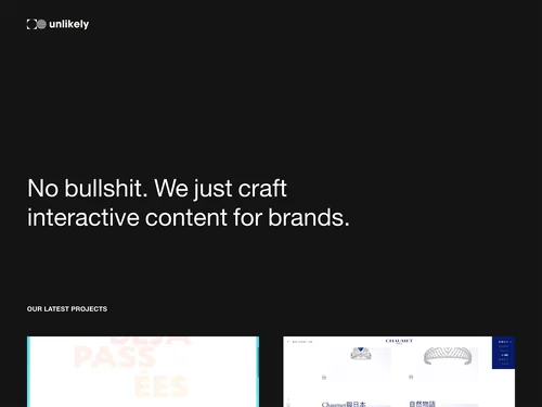 「Unlikely - No bullshit. We just craft interactive and audiovisual content for brands.」のキャプチャ画像
