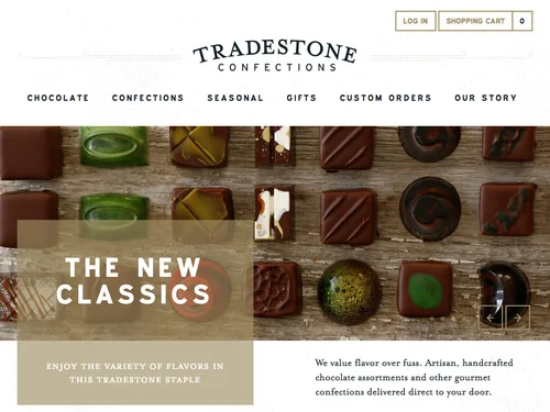 「Handcrafted chocolates and other gourmet confections - Tradestone Confections」のキャプチャ画像