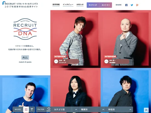 「RECRUIT DNA｜リクルートホールディングス 2017年度新卒Web採用サイト」のキャプチャ画像