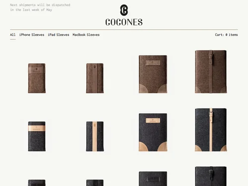 「Cocones | Wool Felt and Premium Leather Sleeves, Cases and Covers for iPhone, iPad, MacBook Air and MacBook Pro」のキャプチャ画像