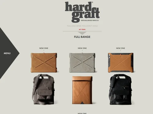 「hard graft / Handmade Leather Bags, 100% Wool Felt Laptop Sleeves, iPad Cases, Phone Cases and Accessories / Welcome」のキャプチャ画像