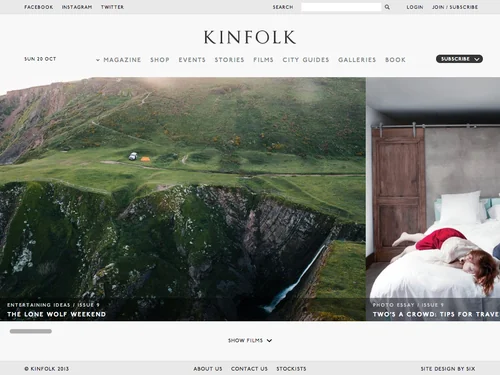 「Kinfolk Magazine | Discovering new things to cook, make and do: Entertaining ideas, Recipes, Camping, Road Trips, City Guides, Dinners and more」のキャプチャ画像