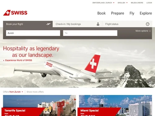 「Book cheap flights and last-minute offers online | SWISS」のキャプチャ画像